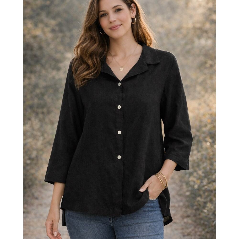 Cotton Connection Black Linen Button Front Top Size L
